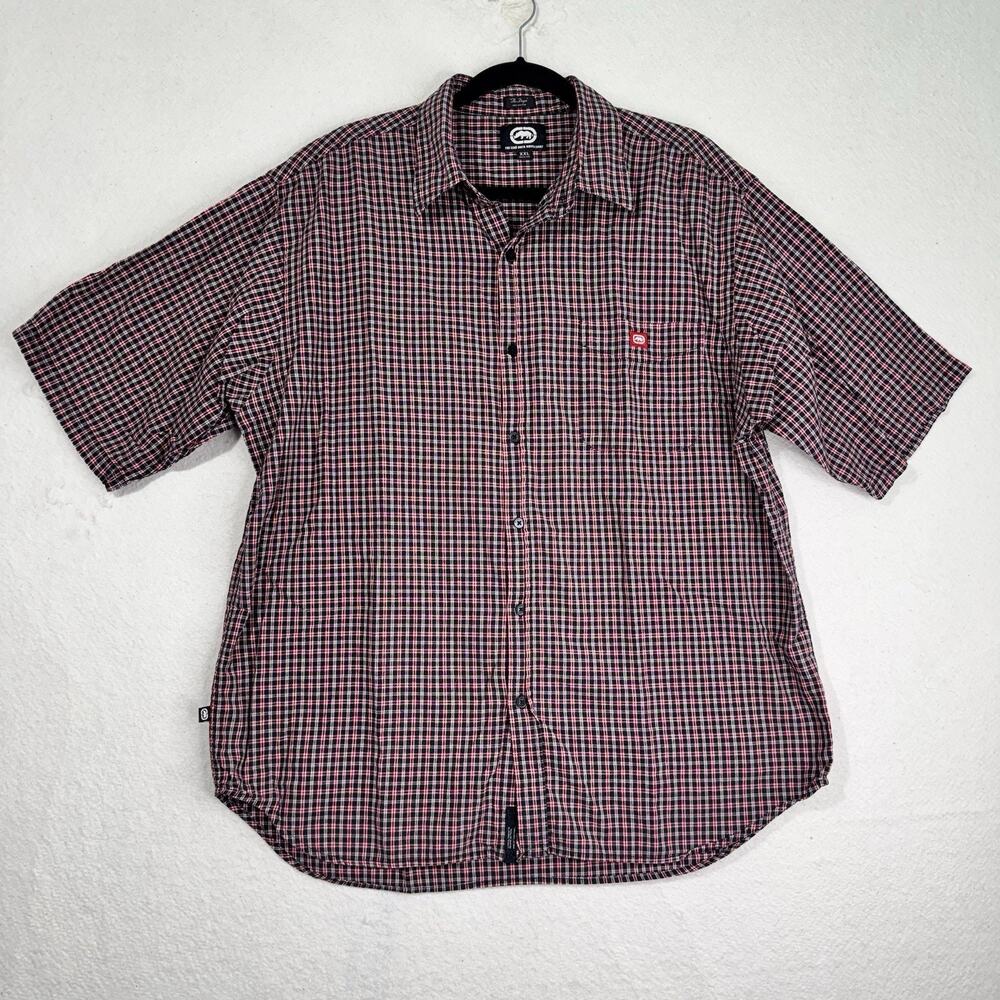 Ecko Unltd The Dwyer Black Red Plaid Cotton Button-Up Short-Sleeve Shirt Men XXL
